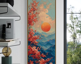 Cherry Blossom Sunset Art Print – Vibrant Mountain Landscape Wall Art, Japanese Style Floral Print
