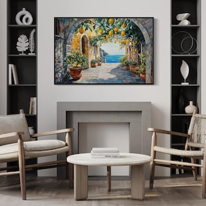 This vibrant artwork captures the charm of an Italian coastal village, featuring lemon trees hanging over a sunlit stone pathway. With a stunning view of the sea, this piece brings Mediterranean warmth and rustic beauty into your home.