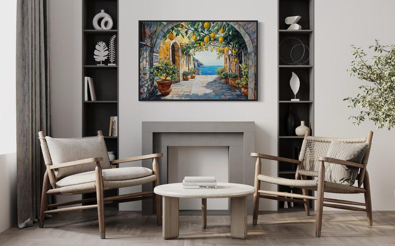 This vibrant artwork captures the charm of an Italian coastal village, featuring lemon trees hanging over a sunlit stone pathway. With a stunning view of the sea, this piece brings Mediterranean warmth and rustic beauty into your home.