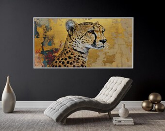 Quadro da parete con ghepardo dorato - Stampa su tela con animali selvatici dai colori vivaci e lussuoso sfondo dorato, decorazione moderna con animali da safari