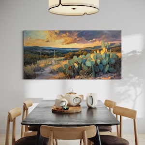 Desert Sunset Panorama - New Mexico Desert Landscape Painting Print with Saguaro and Opuntia Cactus, Rustic Southwest Decor Print