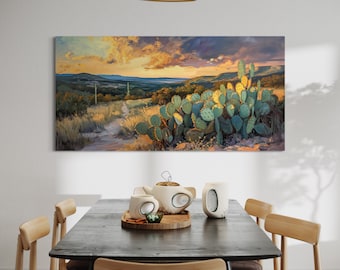 Mexican Desert Scene - Opuntia And Saguaro Cactus Sunset - Panoramic Desert Landscape Art