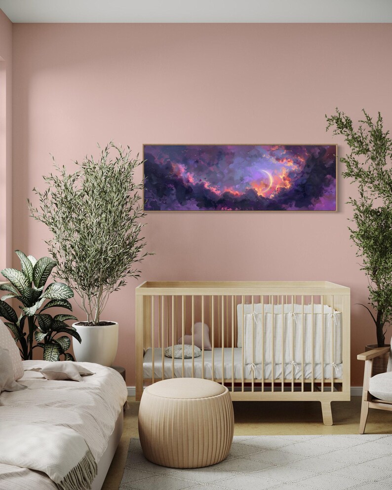 Dive into the ethereal beauty of a crescent moon cradled by vivid clouds in a surreal dreamscape. This stunning painting captures the enchanting dance of light and color, perfect for bringing a touch of wonder to any space.
