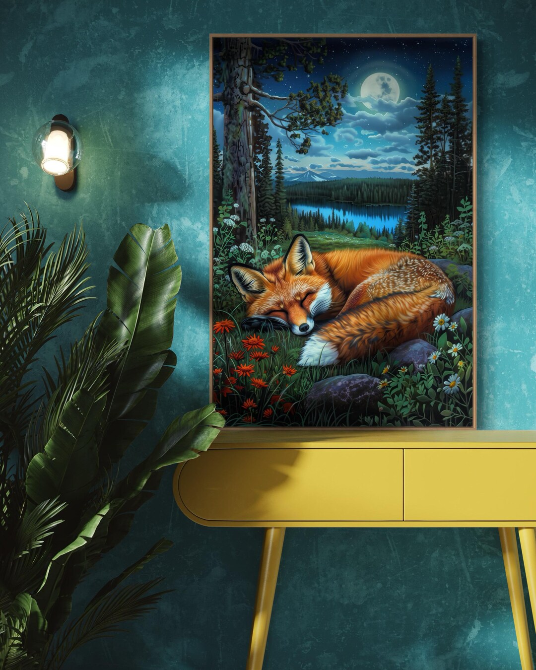Sleeping Red Fox in Starry Night Forest - Enchanted Woodland Painting ...