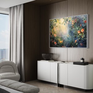 A sun-dappled garden, lush with blooming roses and climbing vines, bathes in the gentle caress of morning light, creating a serene and enchanting scene.