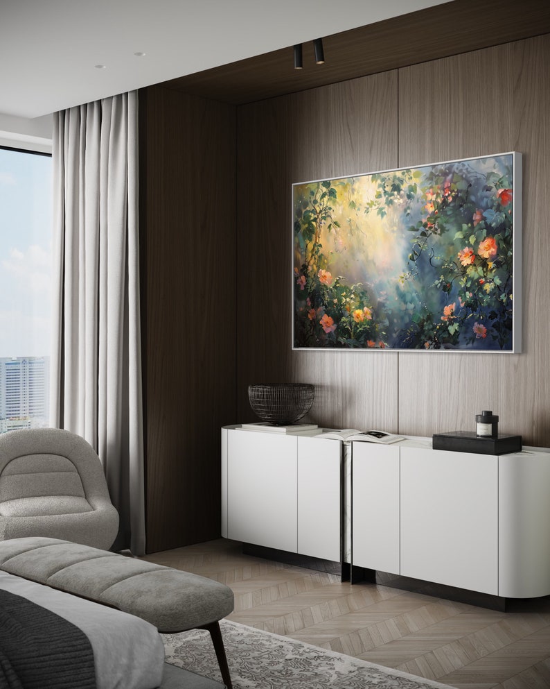A sun-dappled garden, lush with blooming roses and climbing vines, bathes in the gentle caress of morning light, creating a serene and enchanting scene.