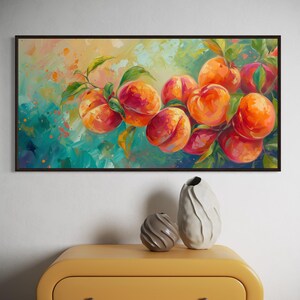 Just Peachy - Vibrant Peach Tree Fruit Painting Print, Colorful Nature Scene Art Print for Kitchen and Restaurant Wall Decor image 2