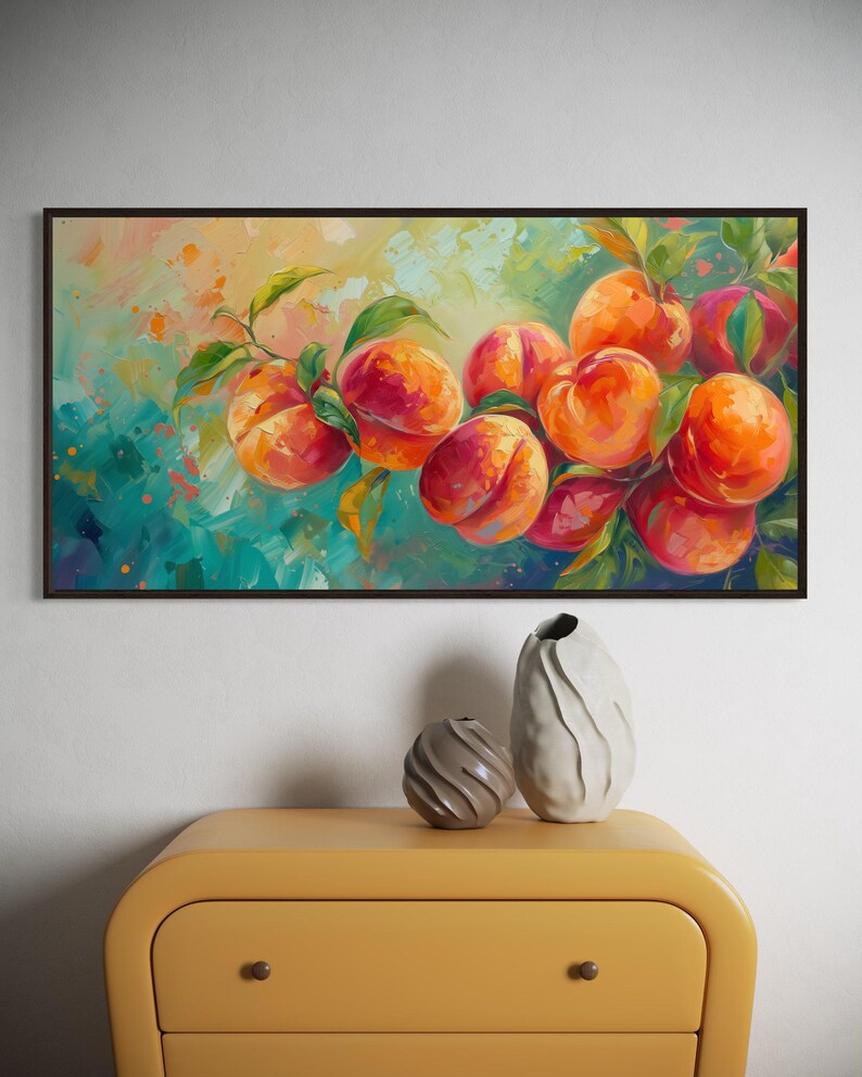 Just Peachy - Vibrant Peach Tree Fruit Painting Print, Colorful Nature Scene Art Print for Kitchen and Restaurant Wall Decor image 2