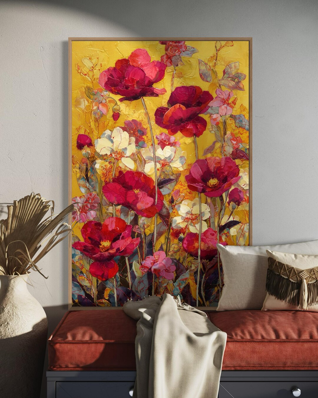 Bold Floral Wall Art Print – Red and Magenta Flowers on Golden ...