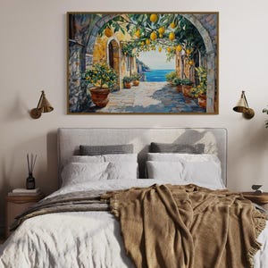 This vibrant artwork captures the charm of an Italian coastal village, featuring lemon trees hanging over a sunlit stone pathway. With a stunning view of the sea, this piece brings Mediterranean warmth and rustic beauty into your home.