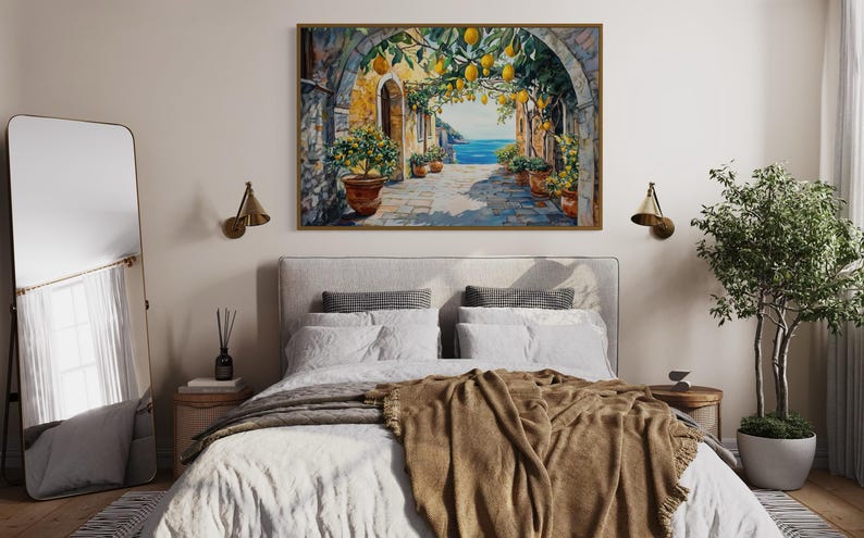 This vibrant artwork captures the charm of an Italian coastal village, featuring lemon trees hanging over a sunlit stone pathway. With a stunning view of the sea, this piece brings Mediterranean warmth and rustic beauty into your home.