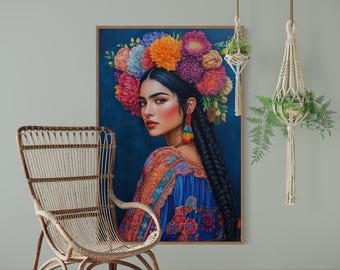 Mexicaanse volkskunst portretafdruk – Levendige vrouw met bloemenkroon, kleurrijke bohokunst aan de muur, cultureel geïnspireerd interieur