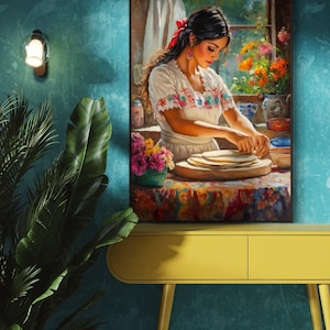 Mexican Kitchen Wall Art - Vibrant Tortilla-Making Canvas Print, Rustic Dining Room Decor, Colorful Floral Artwork for Living Room