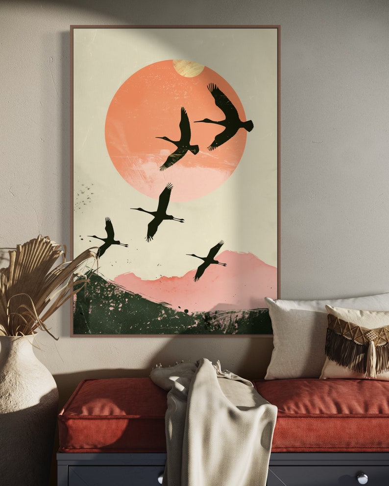 Silhouettes in Flight: A serene composition featuring cranes soaring across a textured pink sunset, their graceful forms framed against a full moon.