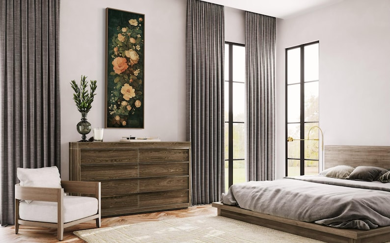 Adorn your space with this elegant vintage-style floral tapestry featuring soft, blooming roses and delicate leaves against a dark, textured background. A timeless addition to bring a touch of classic beauty to any room.