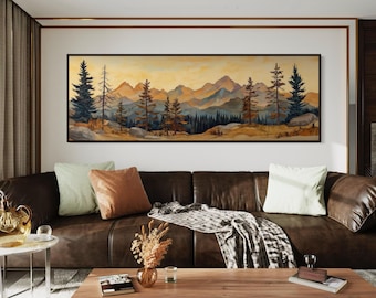 Panorama de cielo dorado sobre montaña - Impresión de pintura de paisaje en tonos tierra con resplandor del atardecer
