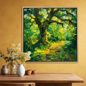 The old oak stands regal and enduring, its twisting branches like wise, outstretched arms, cloaked in a tapestry of sun-kissed leaves, creating a serene sanctuary of nature's timeless beauty.