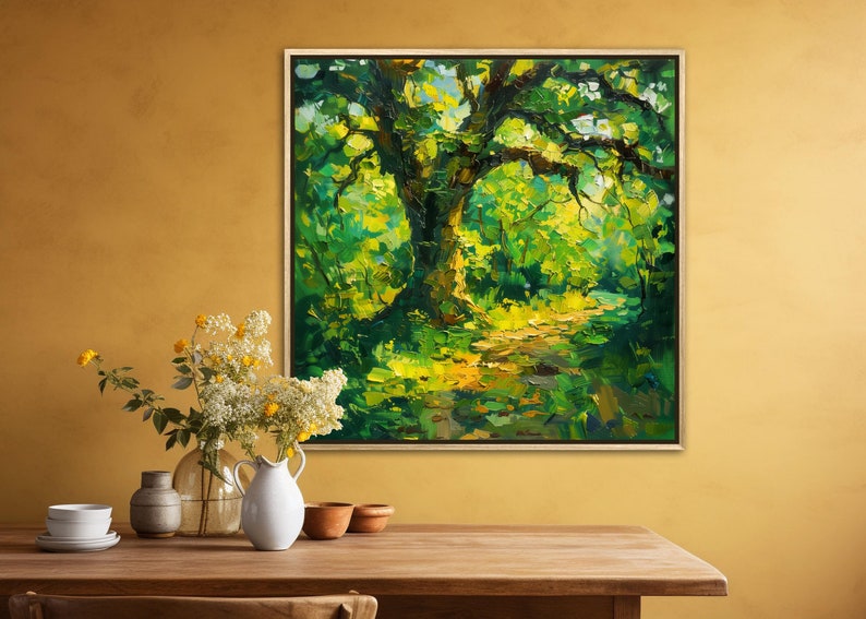 The old oak stands regal and enduring, its twisting branches like wise, outstretched arms, cloaked in a tapestry of sun-kissed leaves, creating a serene sanctuary of nature's timeless beauty.