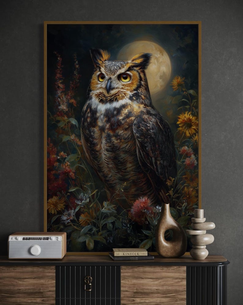 Moonlit Owl Art Print – Majestic Great Horned Owl Wall Art, Mystical ...