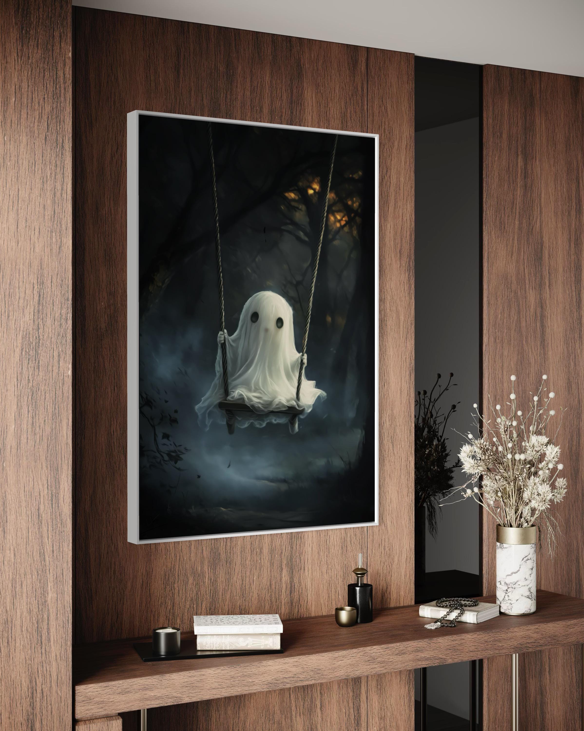 Cute Ghost on Swing - Mystical Forest Halloween Art Print for Spooky ...
