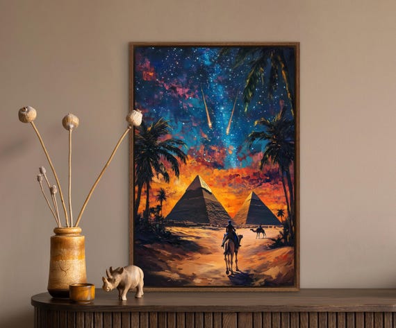 エジプトのピラミッドの壁画 - 砂漠の夜景プリント、神秘的なエジプト