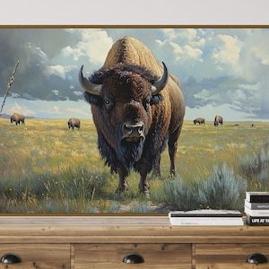 Majestic Bison Prairie Art Print – Western Wildlife Wall Decor, Rustic Farmhouse Animal Painting PRINT, Buffalo Wall Art for Cabin or Ranch