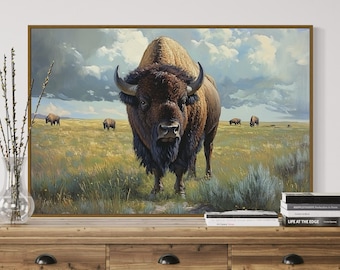 Majestätische Bison Prairie Art Print - Western Wildtier-Wanddekoration, rustikale Bauernhaus-Tiermalerei DRUCK, Büffel-Wandkunst für Hütte oder Ranch