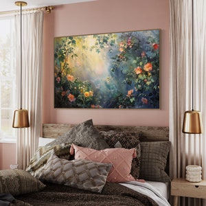 A sun-dappled garden, lush with blooming roses and climbing vines, bathes in the gentle caress of morning light, creating a serene and enchanting scene.
