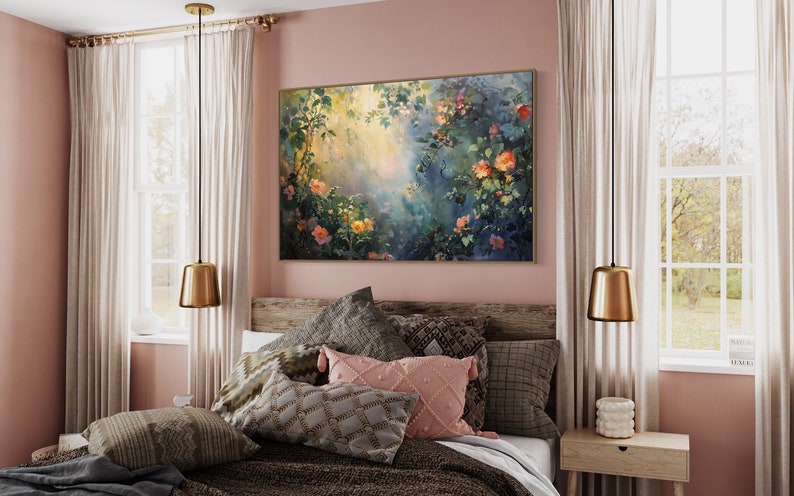 A sun-dappled garden, lush with blooming roses and climbing vines, bathes in the gentle caress of morning light, creating a serene and enchanting scene.