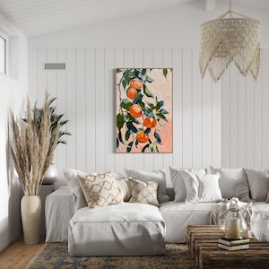 In this abstract painting, vibrant mandarins dangle amidst lush foliage, where bold strokes and vivid colors capture the essence of nature’s sweetness.