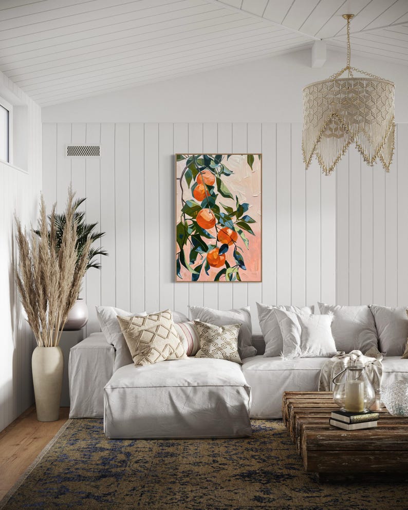 In this abstract painting, vibrant mandarins dangle amidst lush foliage, where bold strokes and vivid colors capture the essence of nature’s sweetness.