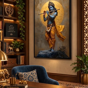 Immerse yourself in divine grace with this exquisite art piece of Lord Krishna playing the flute. The vibrant colors and intricate details make it a captivating addition to any spiritual or cultural space.