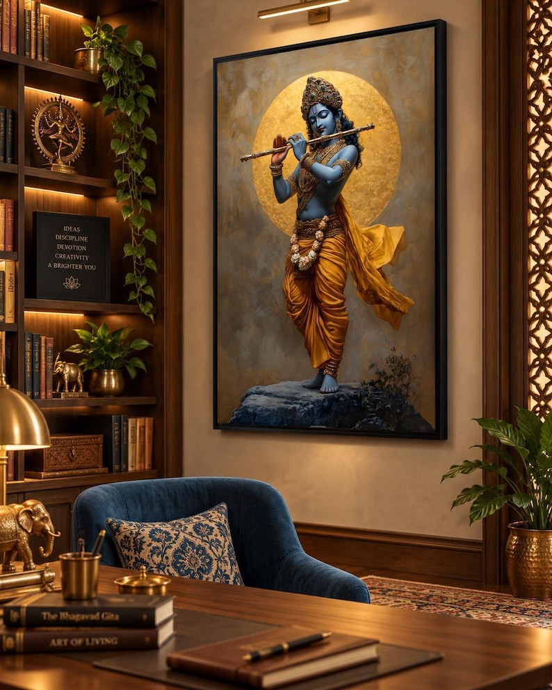 Immerse yourself in divine grace with this exquisite art piece of Lord Krishna playing the flute. The vibrant colors and intricate details make it a captivating addition to any spiritual or cultural space.