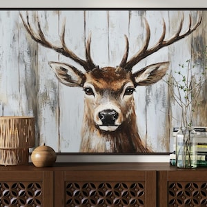 Rustic Deer Canvas Art - Farmhouse Buck Painting PRINT with Antlers, Perfect Wildlife Wall Decor for Woodland or Rustic Lodge Spaces