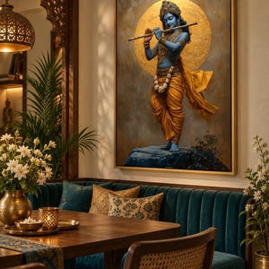 Immerse yourself in divine grace with this exquisite art piece of Lord Krishna playing the flute. The vibrant colors and intricate details make it a captivating addition to any spiritual or cultural space.