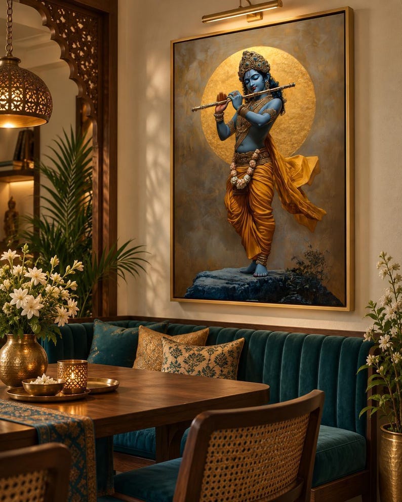 Immerse yourself in divine grace with this exquisite art piece of Lord Krishna playing the flute. The vibrant colors and intricate details make it a captivating addition to any spiritual or cultural space.