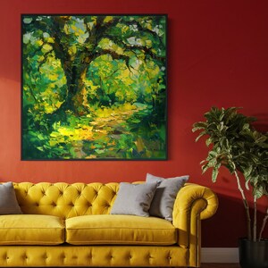 The old oak stands regal and enduring, its twisting branches like wise, outstretched arms, cloaked in a tapestry of sun-kissed leaves, creating a serene sanctuary of nature's timeless beauty.