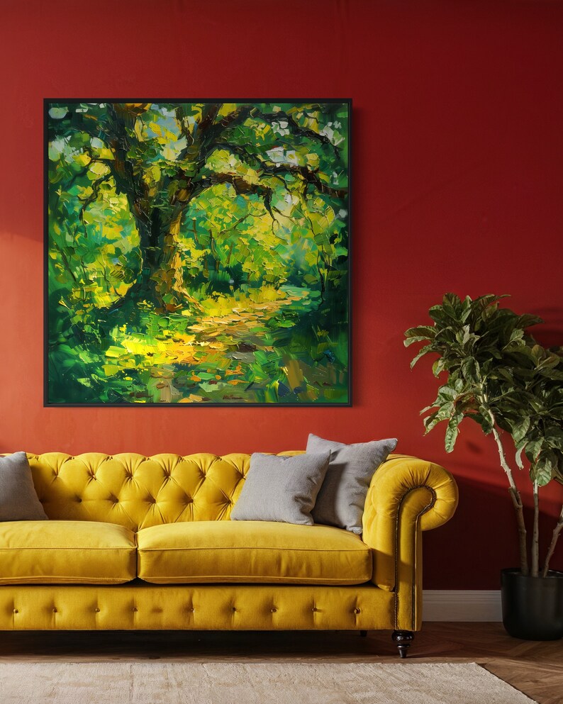 The old oak stands regal and enduring, its twisting branches like wise, outstretched arms, cloaked in a tapestry of sun-kissed leaves, creating a serene sanctuary of nature's timeless beauty.
