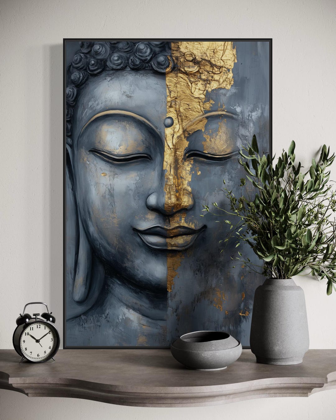 Modern Buddha Face Wall Art – Zen Gold and Gray Canvas or Poster ...