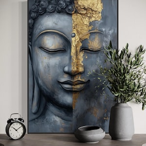 Modern Buddha Face Wall Art – Zen Gold and Gray Canvas or Poster, Spiritual Home Decor, Framed Meditation Room Print