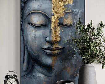 Arte de parede moderna com o rosto de Buda – Tela ou pôster Zen em tons de dourado e cinza, decoração espiritual para casa, impressão emoldurada para sala de meditação.