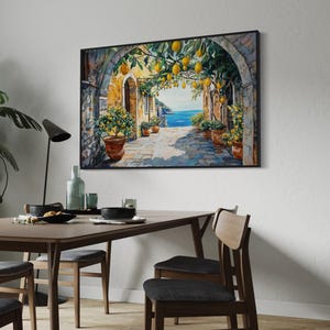 This vibrant artwork captures the charm of an Italian coastal village, featuring lemon trees hanging over a sunlit stone pathway. With a stunning view of the sea, this piece brings Mediterranean warmth and rustic beauty into your home.