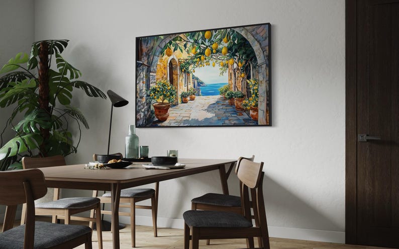 This vibrant artwork captures the charm of an Italian coastal village, featuring lemon trees hanging over a sunlit stone pathway. With a stunning view of the sea, this piece brings Mediterranean warmth and rustic beauty into your home.