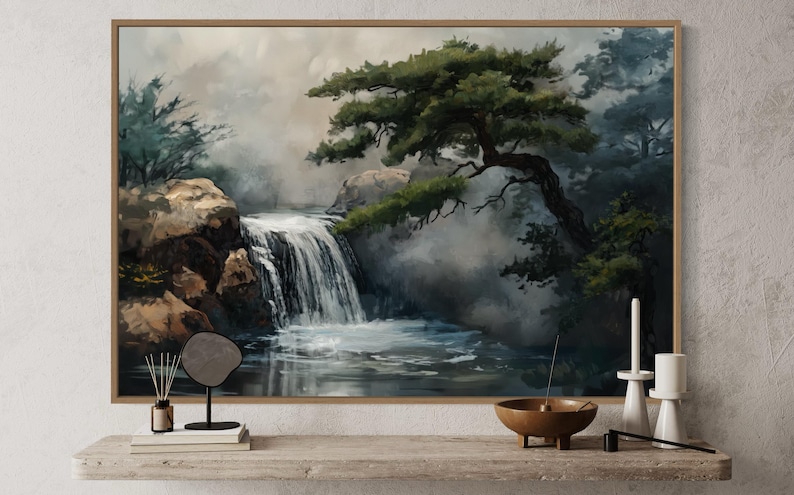 This canvas print beautifully portrays a serene Japanese garden with a cascading waterfall and majestic pine trees, encapsulating the essence of tranquility and the enduring beauty of nature. Perfect for creating a peaceful retreat in your space.