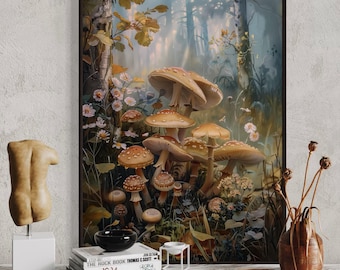 Foresta mistica di funghi – Quadro su tela autunnale rustico per un arredamento accogliente
