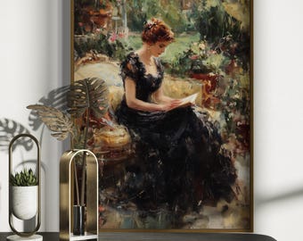 Romantic Impressionist Woman Reading Wall Art – Canvas Or Fine Art Paper Print, Victorian Garden Painting, Elegant Black Dress Artwork