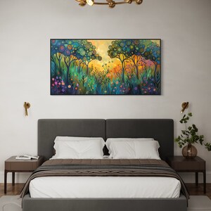 A whimsical forest comes to life with stylized trees crowned with circular canopies in shades of green and blue, while vibrant, colorful flowers bloom below in a magical, storybook setting.