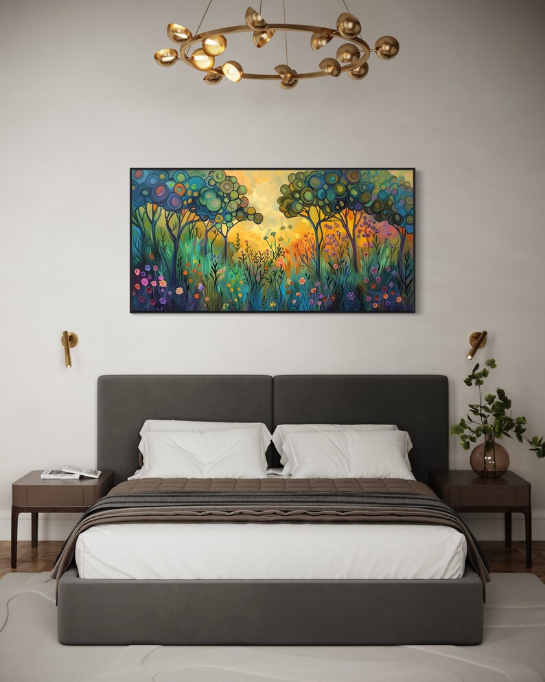 A whimsical forest comes to life with stylized trees crowned with circular canopies in shades of green and blue, while vibrant, colorful flowers bloom below in a magical, storybook setting.