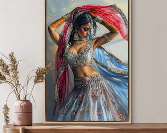 Stampa artistica di una ballerina indiana - Elegante decorazione etnica colorata, cultura dell'Asia meridionale per un arredamento esotico