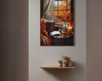 Lámina decorativa "La comodidad del otoño" – Decoración otoñal para el hogar, cuadro "Café y vela junto a la ventana", cuadro de pared con escena de ventana